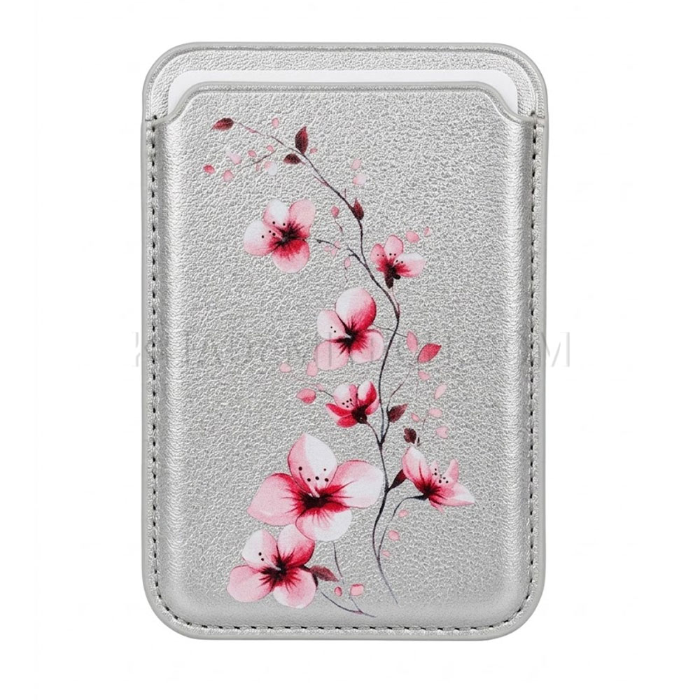 جا کارتی مگ سیف دار مدل WALLET MAGSAFE چرم طرح شاخه گل نقره ای