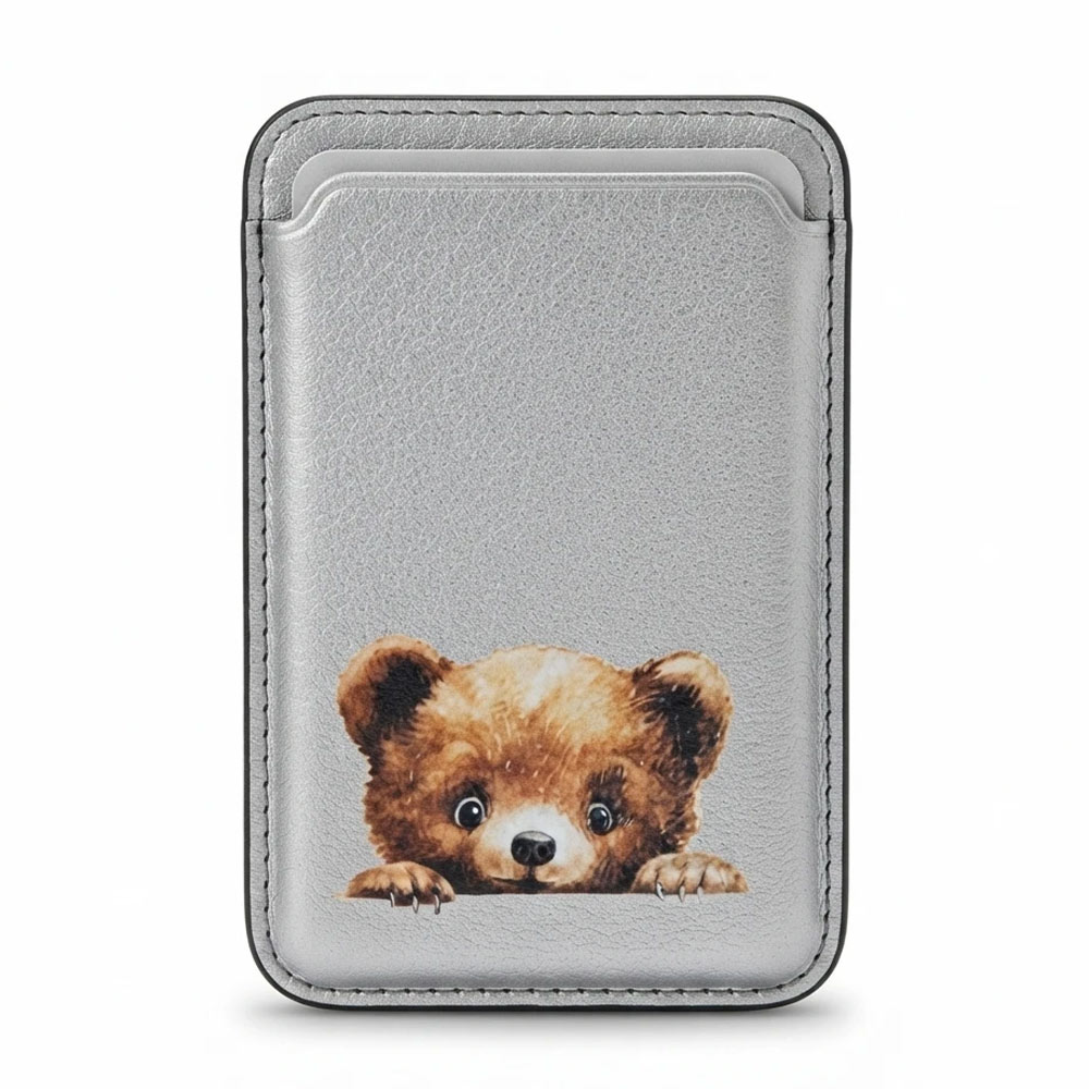 جا کارتی مگ سیف دار مدل WALLET MAGSAFE Teddy چرم طرح تدی نقره ای