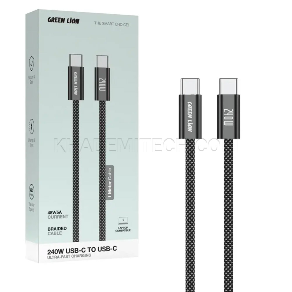 کابل شارژ دو سر تایپ سی گرین لاین مدل GREEN LION GNCBL240W1MBK USB-C PD 240W طول 1 متر